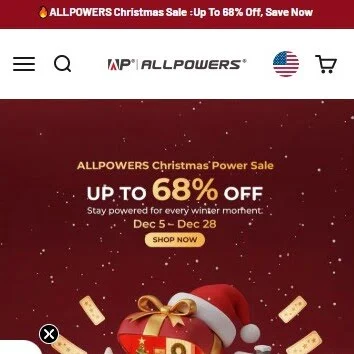 ALLPOWERS mobile homepage showing where to start shopping before using a coupon code