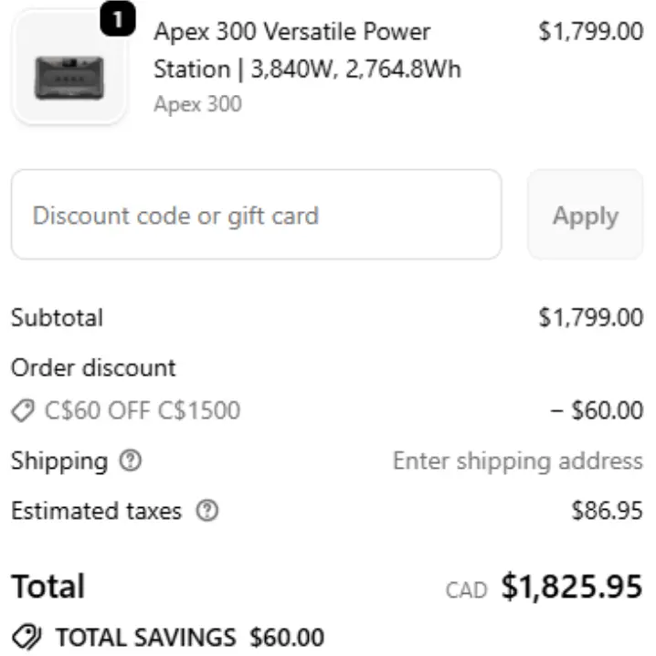 Discount code box on the BLUETTI checkout page on mobile