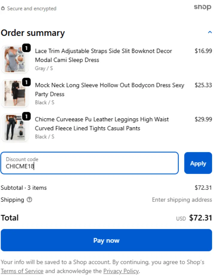 ChicMe checkout page showing a user applying a coupon code