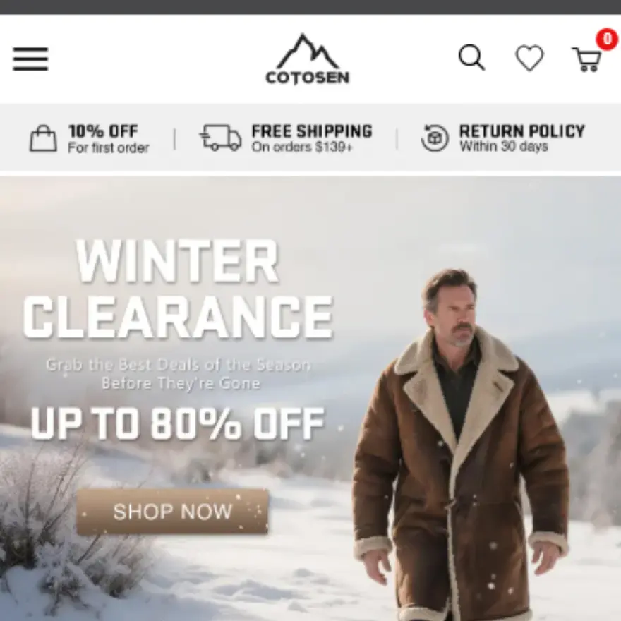 Cotosen mobile homepage showing where shoppers start before using a coupon code