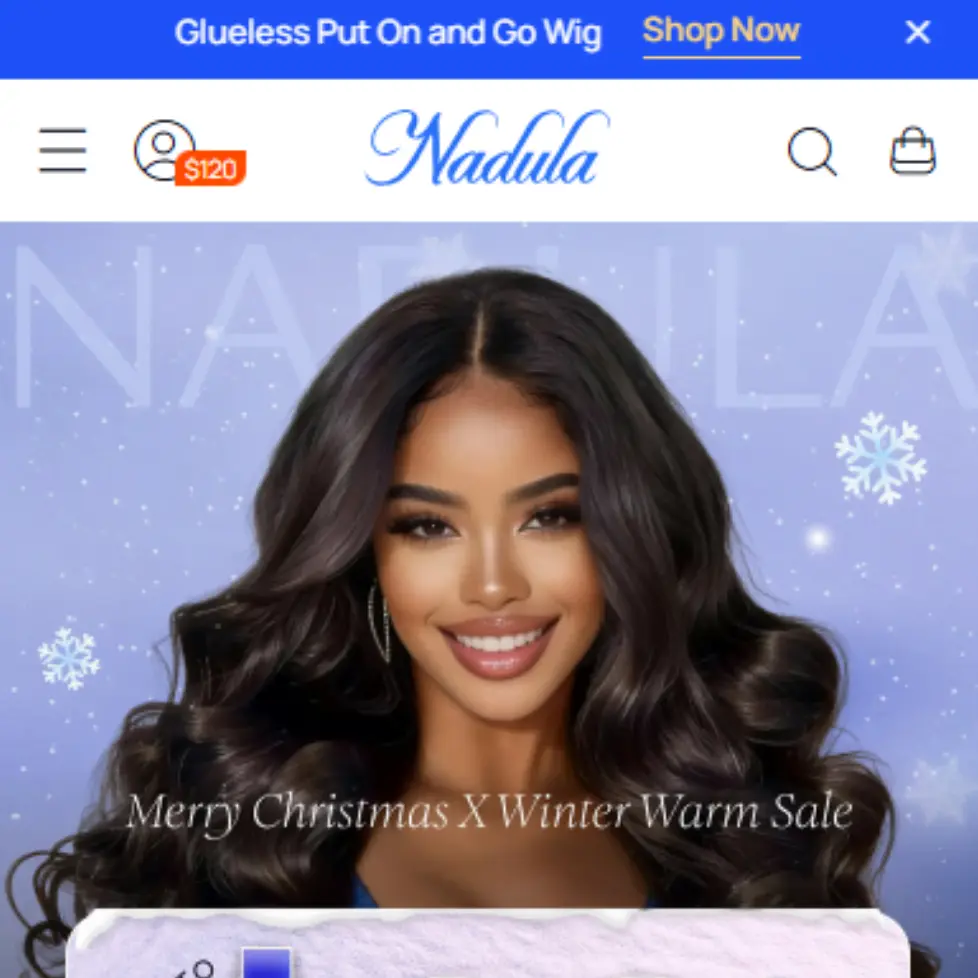 Nadula mobile homepage showing wig and hair product listings before applying a coupon code